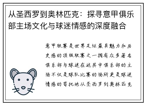 从圣西罗到奥林匹克：探寻意甲俱乐部主场文化与球迷情感的深度融合