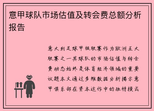 意甲球队市场估值及转会费总额分析报告