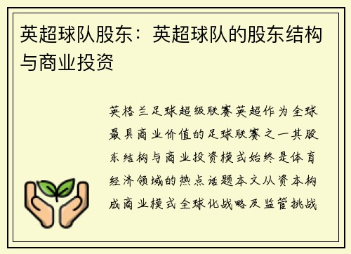 英超球队股东：英超球队的股东结构与商业投资