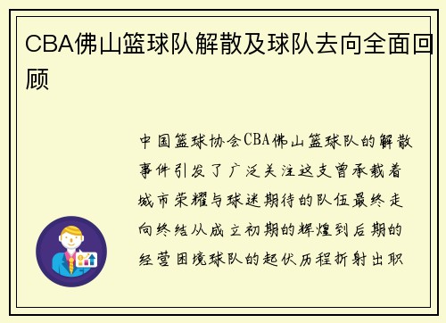 CBA佛山篮球队解散及球队去向全面回顾